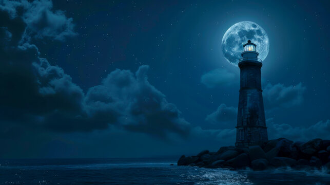A lighthouse is lit up in the dark night sky
