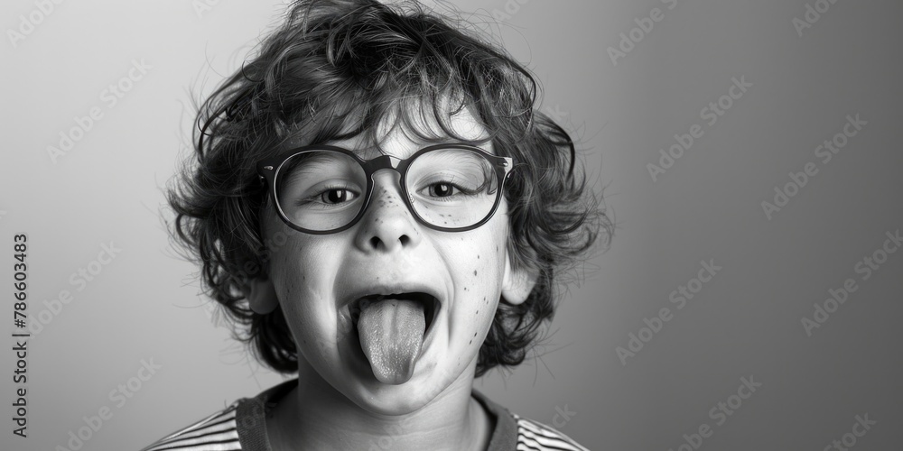 Sticker a young boy with glasses sticking out his tongue. suitable for educational and playful concepts