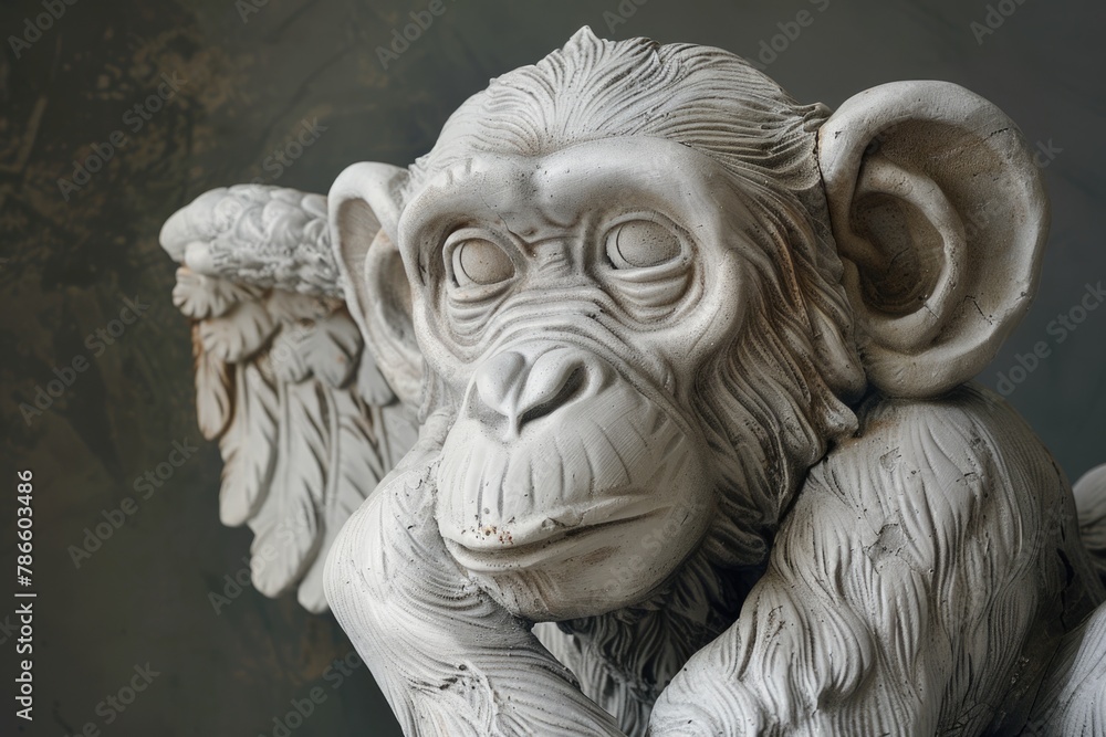 Poster a unique statue of a monkey with wings on its head. perfect for adding a touch of whimsy to any desi