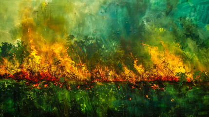 A painting of a forest fire with green and yellow colors