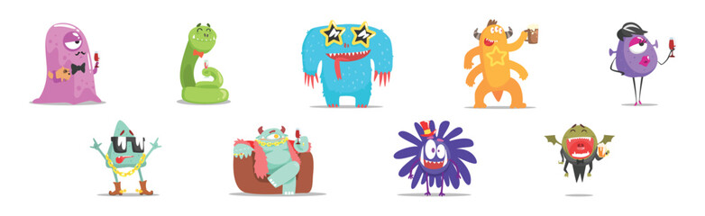 Funny Monster Character as Toothy and Hairy Mutant with Friendly Face at Party Vector Set