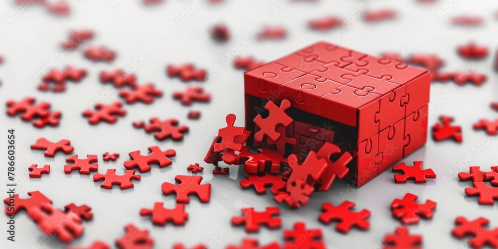 Poster A red puzzle box sitting on top of a pile of puzzle pieces. Perfect for illustrating problem solving concepts