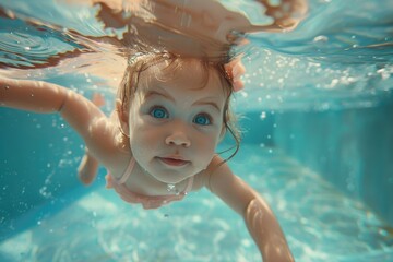 A young girl swimming beneath the surface of a pool. Perfect for summer and water-themed designs - obrazy, fototapety, plakaty
