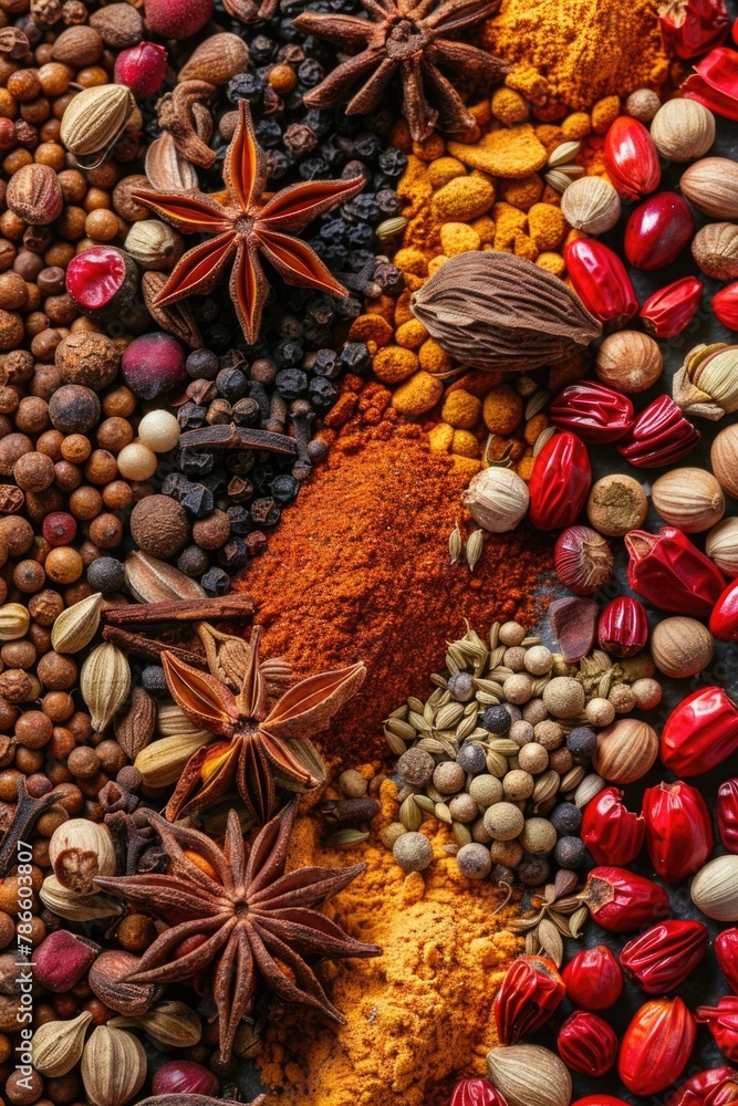 Poster assorted spices and nuts displayed on a wooden table. perfect for food blogs or recipe websites