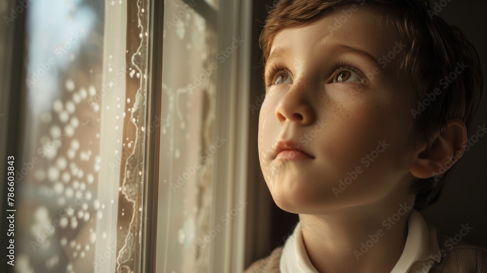 Poster a young boy looking out of a window. suitable for various concepts