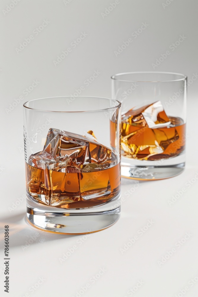 Poster two glasses of whiskey with ice on a table. suitable for bar and restaurant concepts