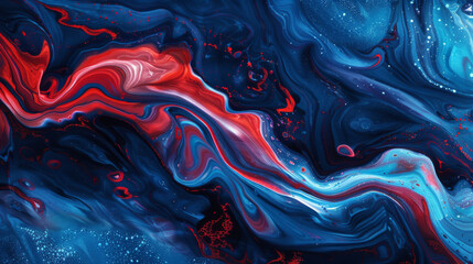 Abstract fluid art with swirling red and blue, ideal for vibrant backgrounds and creative designs - obrazy, fototapety, plakaty