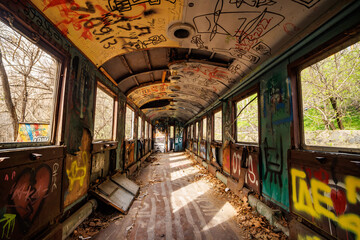 Abandoned train with colorful graffiti interior, old artistic railway vehicle s interior
