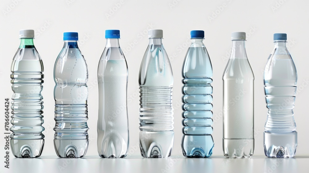 Poster row of water bottles on a table, suitable for hydration concept