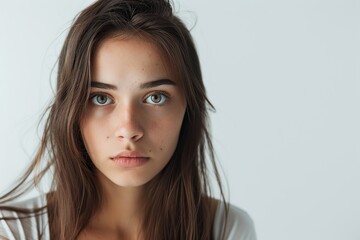 Portrait of depressed young woman on white background