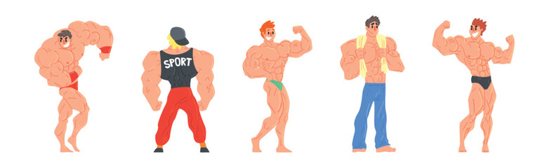 Young Muscular Man Character Standing Showing Muscles Vector Set