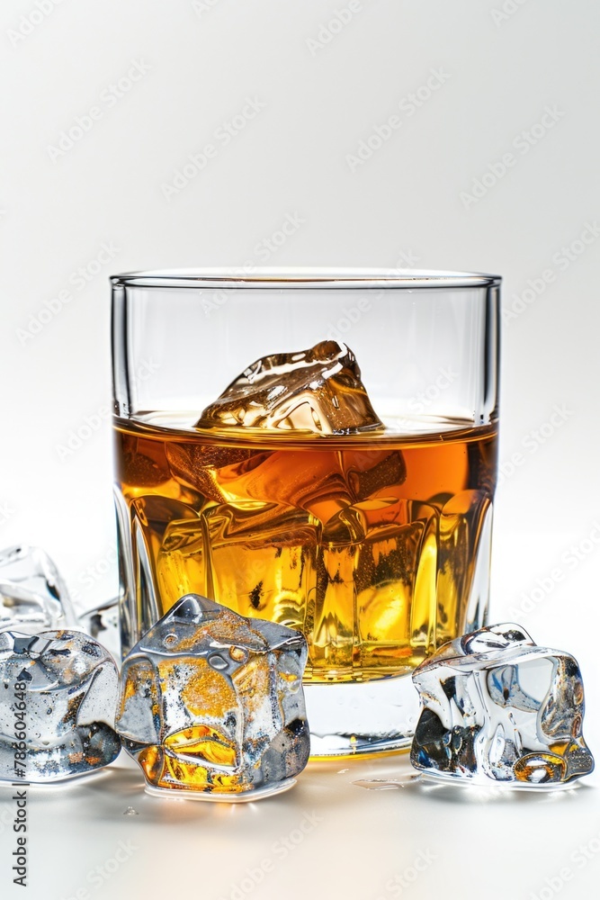 Poster a glass of whiskey with ice cubes on the side. suitable for beverage and luxury concepts