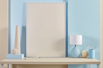 Modern scandinavian home interior with poster frame mockup, on blue wall. Mockup
