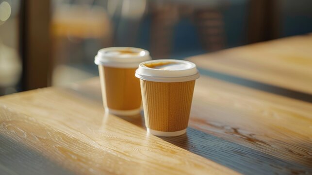 Simple image of two coffee cups on a wooden table, suitable for cafe or kitchen themes