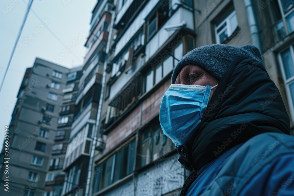 Poster man wearing a face mask standing in front of a building, suitable for illustrating pandemic or healt