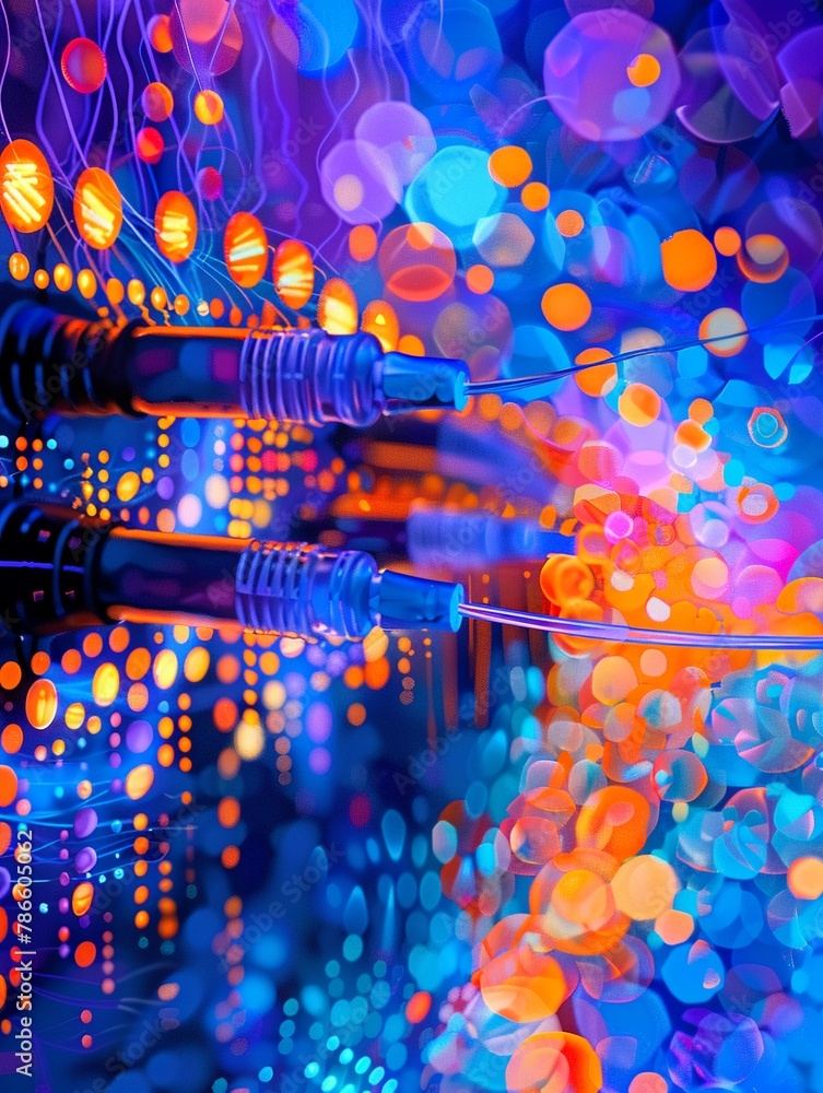 Poster detailed view of fiber optic cables connected to a network server, symbolizing the speed and connect
