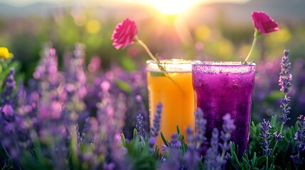 Soft and fresh juices drink in a lavender field selective focus food