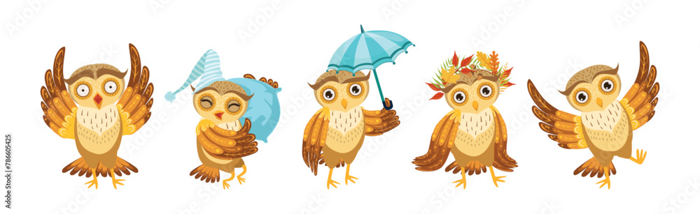 Poster funny owl character with feathers and wing in different activity vector set