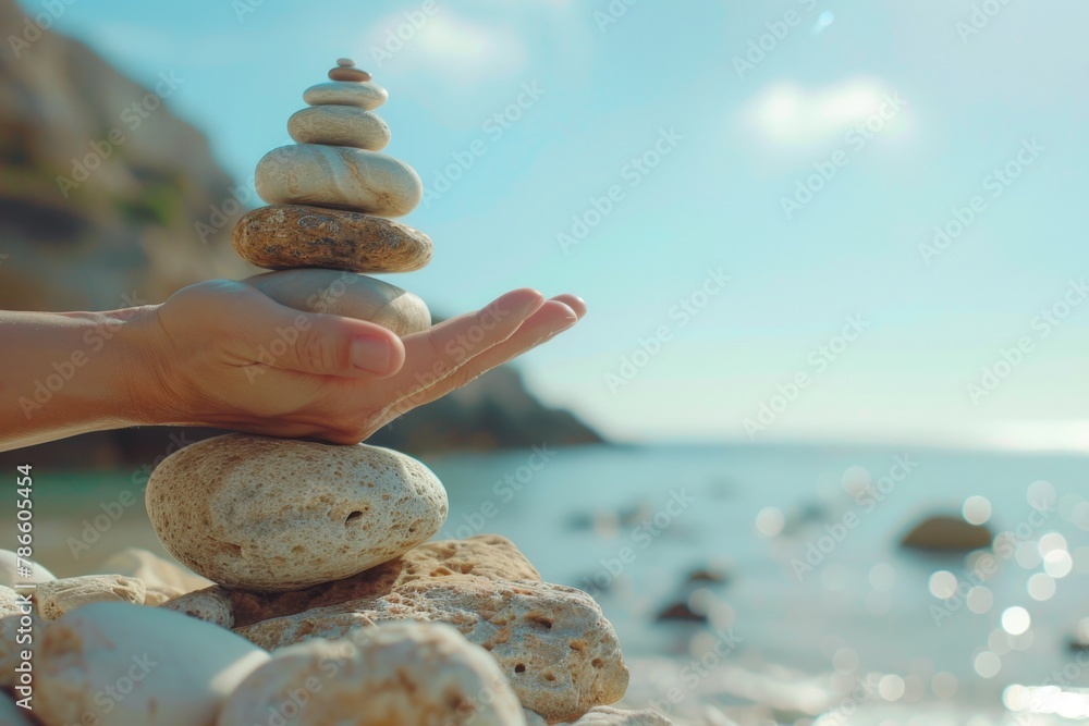 Poster person stacking rocks on beach. suitable for nature and relaxation concepts