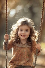 A little girl sitting on a swing. Suitable for children's products or family-related designs