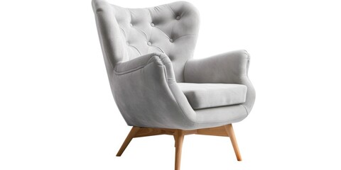 A simple grey chair with elegant wooden legs and a buttoned back. Perfect for interior design projects