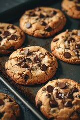 Delicious chocolate chip cookies on a table, perfect for food and baking concepts