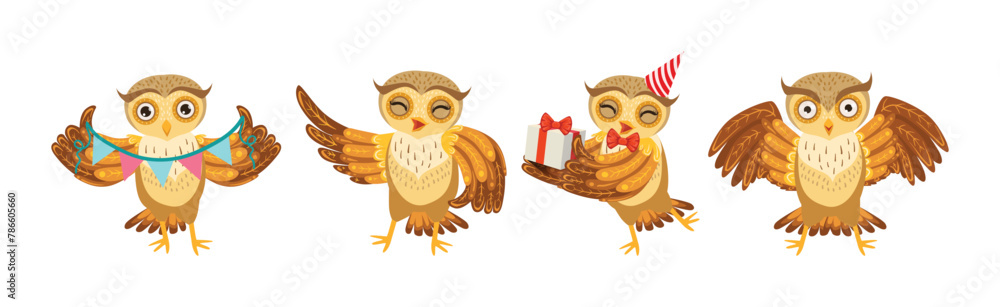 Poster funny owl character with feathers and wing in different activity vector set