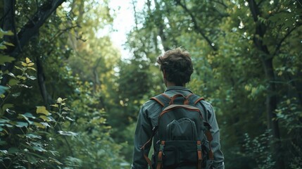 Fototapeta premium A man with a backpack walking through a forest. Ideal for outdoor and adventure concepts