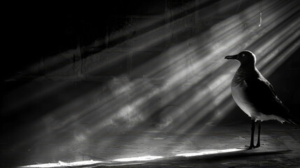 Obraz premium A black-and-white image of a seagull perched in a dimly lit room with sunbeams streaming through the windows