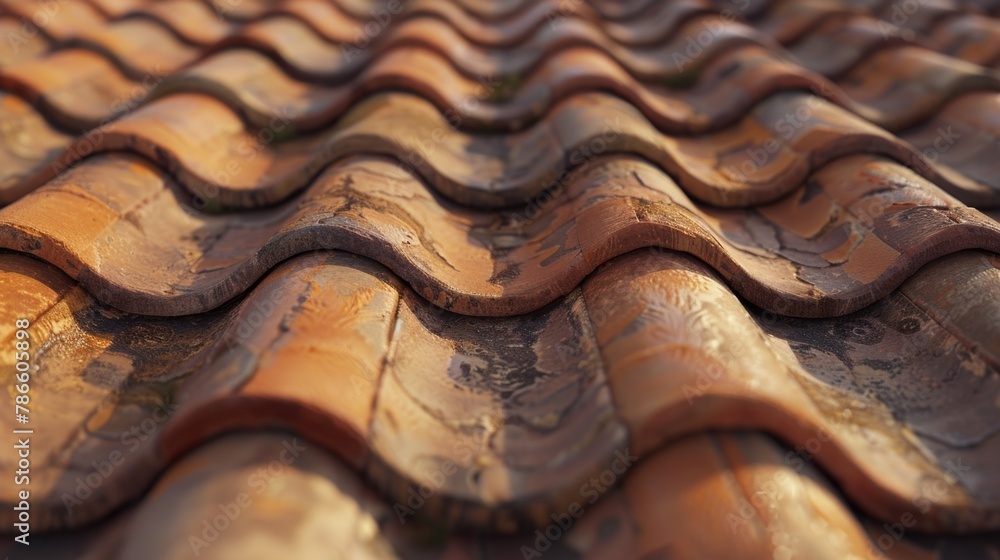 Poster close up of a tiled roof with a sky background. suitable for architectural and construction concepts