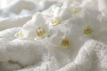 White flowers arranged on a white blanket, perfect for spring or wedding themes