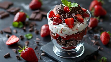 Strawberry parfait dessert in a glass cup with cream and chocolate closeup - Powered by Adobe