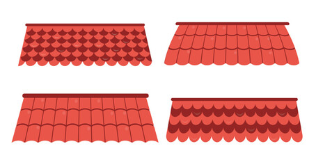 Set of red roofs for houses.Vector illustration of a roof made of different types of materials:slate, tiles isolated on a white background.Protection of the building from the sun, wind, precipitation.