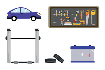 Vector illustration of a car repair shop. Cartoon scene of a car service: a car, a car lift, various tools for car repair: pliers, clamps, axes, a hammer, hacksaws, a saw, a battery, tires.