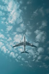 Fototapeta premium Airplane flying through a cloudy blue sky, suitable for travel and transportation concepts