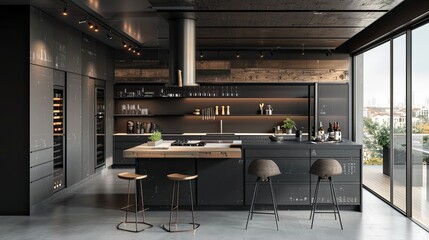 a modern kitchen with black and white walls, concrete floors, white countertops, and wooden cupboards through high-resolution photography, accentuating sharp details and clean lines.