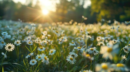 Beautiful sunset over a field of daisies. Ideal for nature and landscape themes