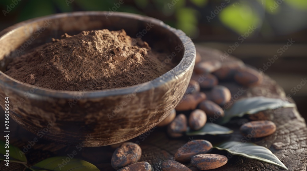 Poster Fresh cocoa beans and leaves in a rustic wooden bowl. Great for food and agriculture concepts