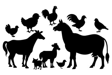 Vector farm animals silhouettes isolated on white. Livestock and poultry icons