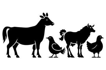 Vector farm animals silhouettes isolated on white. Livestock and poultry icons