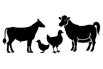 Vector farm animals silhouettes isolated on white. Livestock and poultry icons