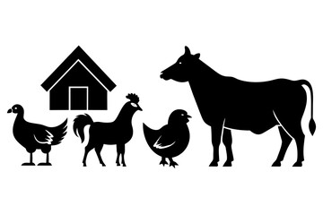 Vector farm animals silhouettes isolated on white. Livestock and poultry icons