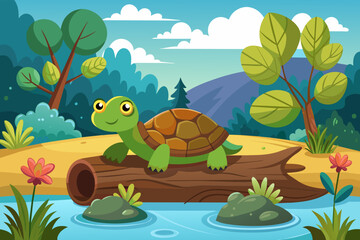 A turtle taking a break on a log in a tranquil pond Vector illustration 