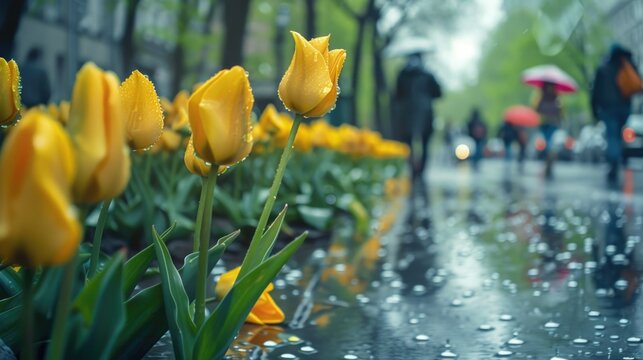Bright yellow tulips in a rainy day, perfect for spring concepts