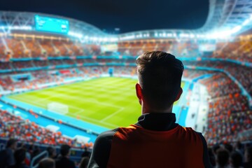 A fan is watching soccer match in a big football stadium with full of crowd. Soccer field in a blurred background