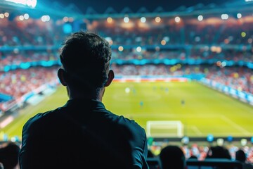 A fan is watching soccer match in a big football stadium with full of crowd. Soccer field in a blurred background - obrazy, fototapety, plakaty