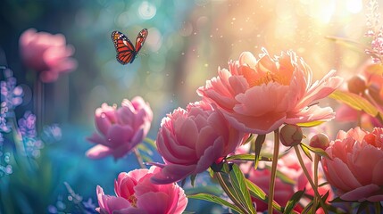 a spring morning as peonies bloom, butterflies dance, sunlight bathes the scene in brightness, the sky radiates a deep blue hue, and lush green grass completes the picturesque landscape.