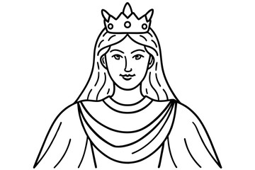 A regal queen with a crown and flowing robes line art vector 