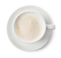 Cup of aromatic coffee isolated on white, top view