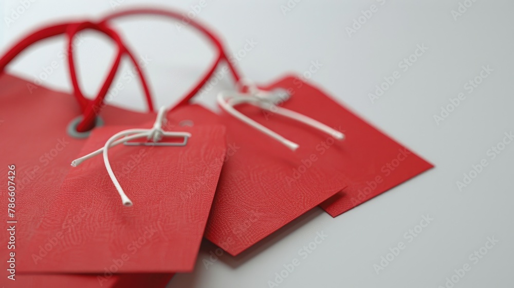 Poster Red tags hanging from a string, suitable for labeling items